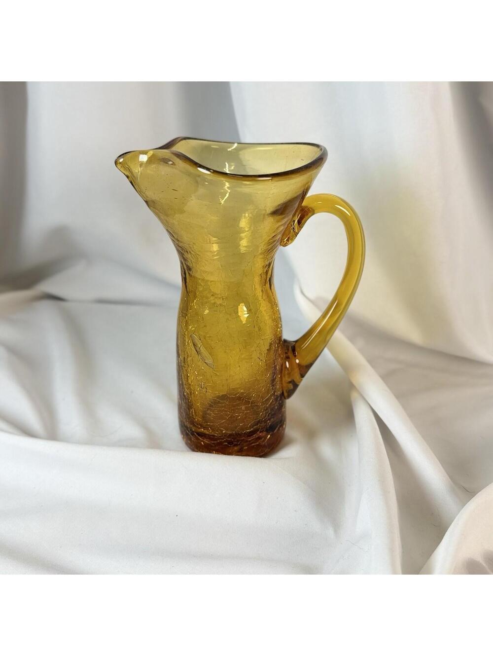 VINTAGE BLENKO HAND BLOWN Mustard Yellow Polished CRACKLE 7" Mini GLASS PITCHER
